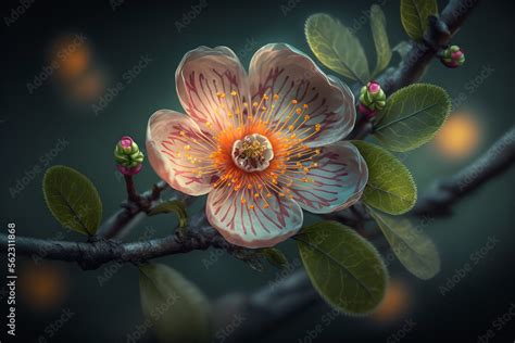 Beautiful apricot blossom flower interspersed with leaves. Generative ...