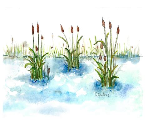 Landscape art Lake life watercolor pond with cattails Wall | Etsy