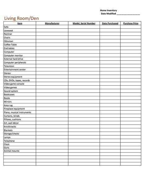 Printable Home Contents Inventory List Template