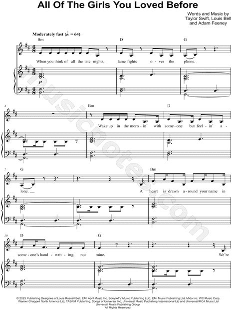 Taylor Swift "All of the Girls You Loved Before" Sheet Music in D Major ...