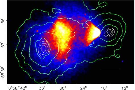 An overlay of a Chandra x-ray image of the bullet cluster, 1E 0657-558 ...