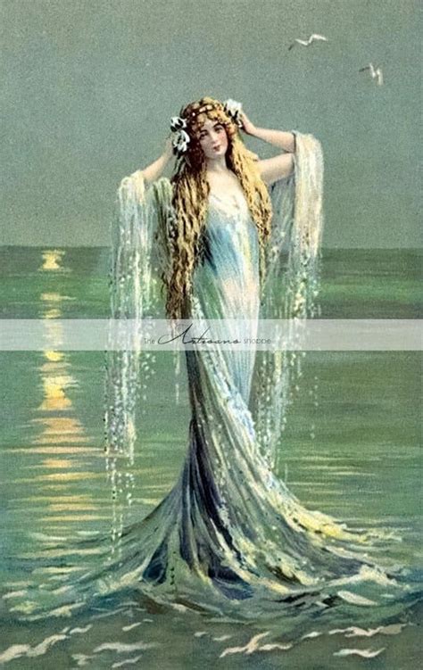 Blue Siren Mermaid Antique Sea Vintage Postcard Art Image - Digital ...