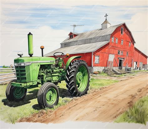 Premium AI Image | painting of a tractor parked in front of a barn with ...