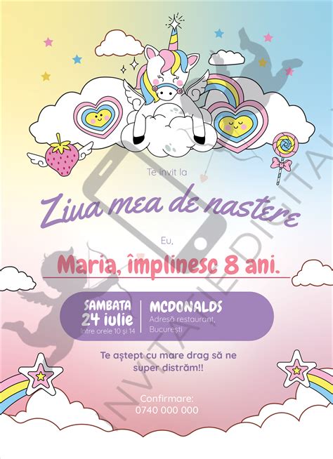 Invitație aniversare cu unicorni pentru fete - UNICORN002