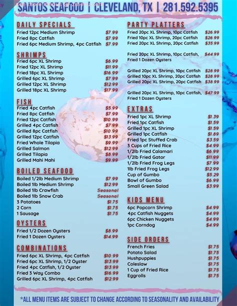 Menu at Santos Seafood restaurant, Cleveland