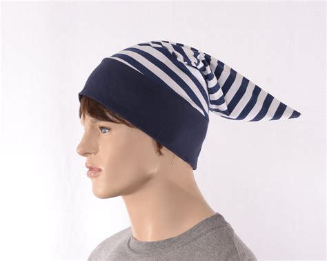 Striped Night Cap Navy Blue White Pointed Pompom Unisex Adult Men Women ...