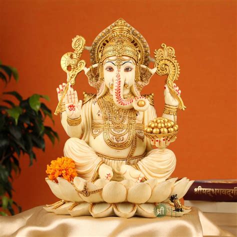 Ganesha Statue 30 CM Hand Painted Lord Ganesha Idol on Lotus Ganesha ...