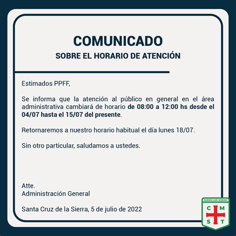 COMUNICADO: Sobre el horario de atención | CMSTA