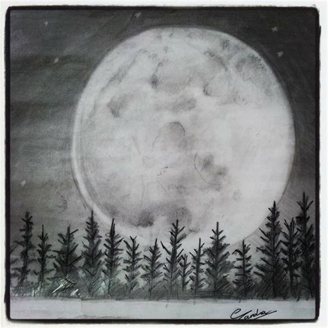 a drawing of a full moon with trees in the foreground