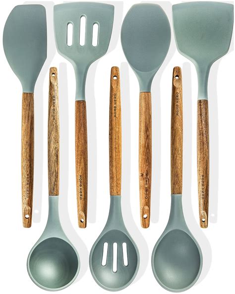 Silicone Cooking Utensils Kitchen Utensil set - 7 Natural Acacia Wooden ...