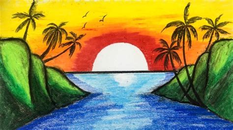 Amazing Sunset Scenery Drawing - Easy Step By Step in 2021 | Scenery ...