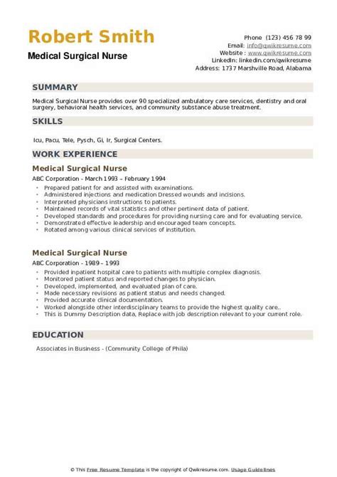 Medical Surgical Nurse Resume Samples | QwikResume