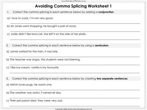 Avoiding Comma Splicing - Worksheet | English Year 3