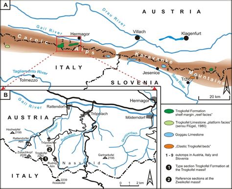 A: Map of the Carnic Alps and Karavanke Mountains in the border regions ...