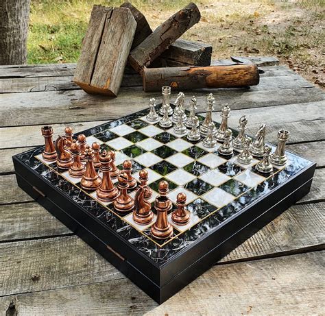 Metal Pieces Chess Set With Storage Box Marble Patterned - Etsy