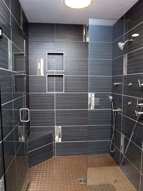 Custom shower with 12 x 24 tiles, great lines, contrasting grout, light ...