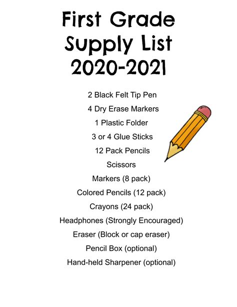 First Grade Supply List | Little Run Elementary School