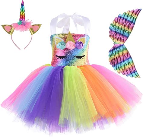 Unicorn Costume for Girls Rainbow Tutu Dress Up with Headband and Wing ...