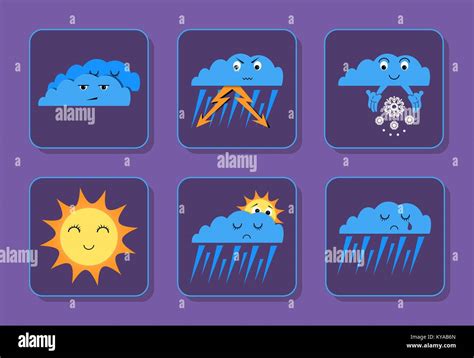 Weather emoji icons set - sunny, overcast, rain, thunderstorm and ...