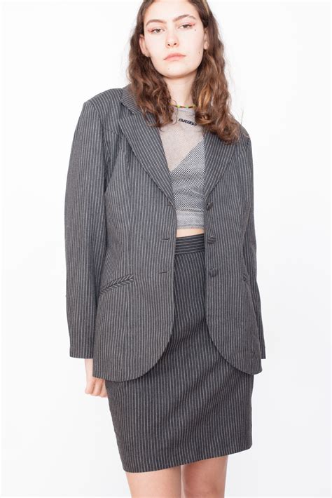 Vintage 80s Grey Pinstripe Blazer & Skirt Suit – Not Too Sweet