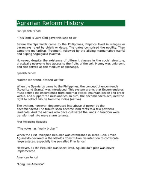 Agrarian Reform History - Agrarian Reform History Pre-Spanish Period ...