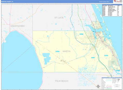 Martin County, FL Zip Code Wall Map Basic Style by MarketMAPS