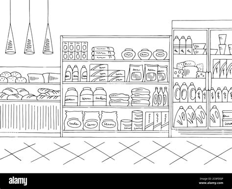 Grocery store shop interior black white graphic sketch illustration ...