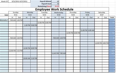 Employee Work Schedule ~ Template Sample