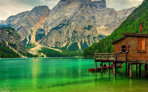 Green lake in china, forest, stilts, green, mountains, cabin, lake, HD ...