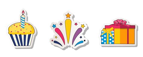 Birthday Party Sticker Collection Set with Cupcake, Fireworks and Gift ...