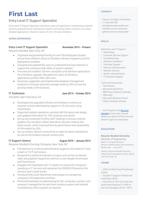 Entry-Level IT Support Specialist Resume Examples for 2024 | Resume Worded