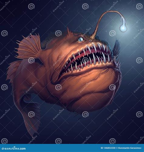 Angler Fish on Background of Dark Blue Water Realistic Illustration ...