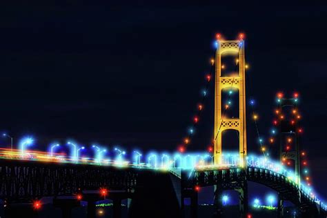 Lights On Mackinac Bridge At Night Photograph by Dan Sproul