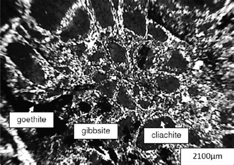 Bauxite micrograph using polarized light, showing goethite, gibbsite ...