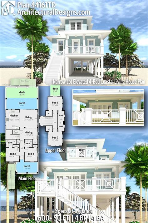 Plan 44161TD: Narrow Lot Elevated 4-Bed Coastal Living House Plan ...