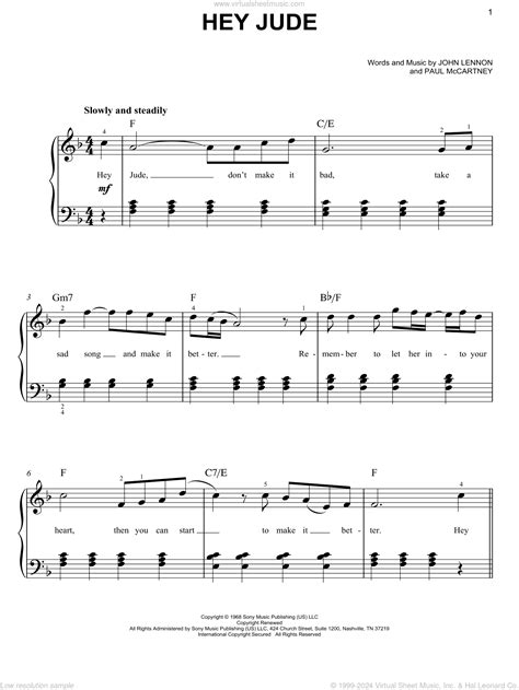 Beatles - Hey Jude, (easy) sheet music for piano solo [PDF]