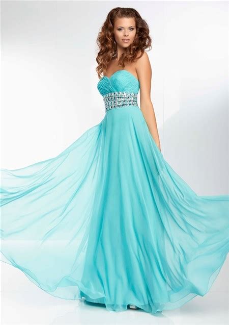 A Line Sweetheart Flowing Long Turquoise Blue Chiffon Beading Prom Dress