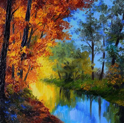 Oil Painting - Autumn Forest with a River and Bridge Over the River ...