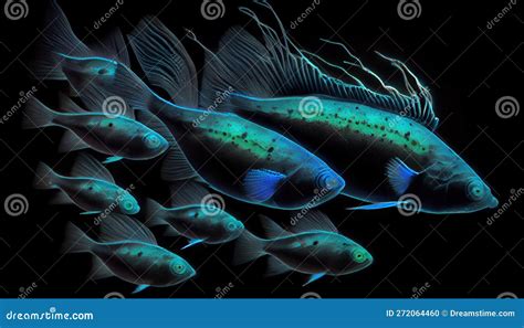 Bioluminescent Fish School in Dark Abyss, Made with Generative AI Stock ...