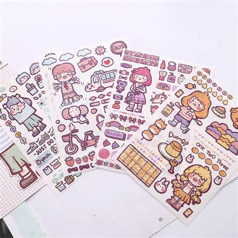 4 sheetspack kawaii korean girl diary stickers diy - cute korean ...