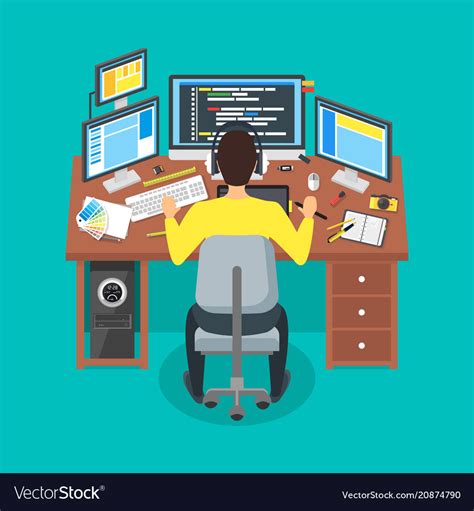 Cartoon programmer writes code workspace concept Vector Image