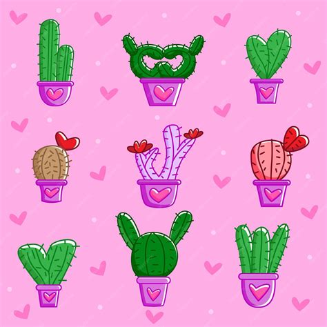 Premium Vector | Hand drawn valentine's day cactus collection