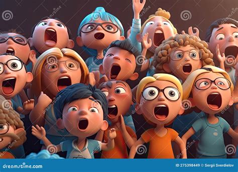 A Crowd of Screaming Children in Cartoon Movie Style Illustration ...