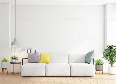 Minimalist living room with sofa and side table. white wall and wood ...