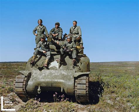 Tank crew with Sherman tank during training maneuvers. Camp Cooke ...