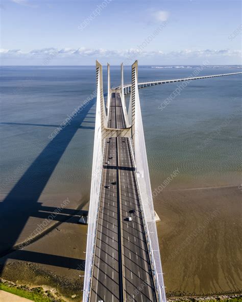 Aerial view of Vasco da Gama bridge, Lisbon, Portugal - Stock Image ...