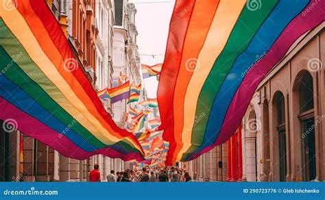 Pride Parade. the City is Decorated with Rainbow Flags Stock ...