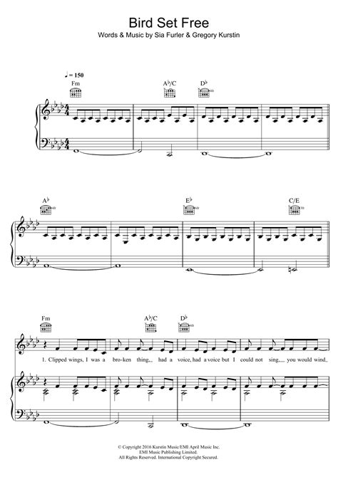 Bird Set Free by Sia Sheet Music for Piano, Vocal & Guitar Chords at ...