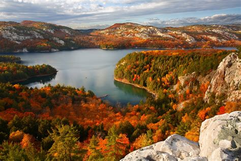 autumn trees & Killarney Lake from the Crack rock, Killarney Provincial ...