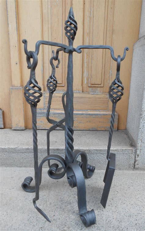 Hand Forged Fireplace Tools Set Wrought Iron Handmade 4 Pieces Stove S ...